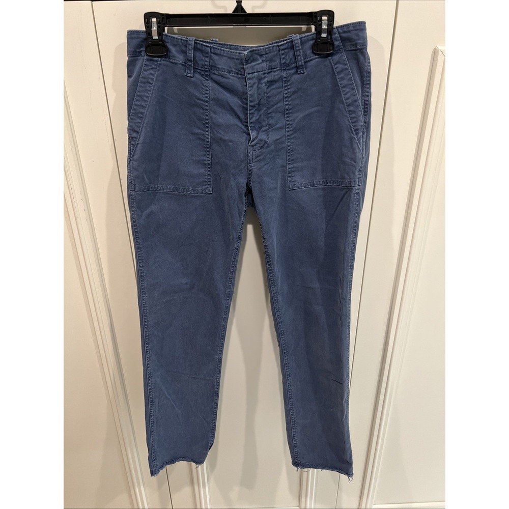 Nili Lotan Blue Jenna Twill Slim Crop Pants Frayed Hem Stretch Utility